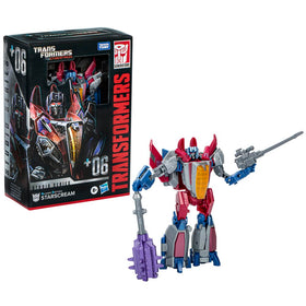 Transformers Starscream Gamer Edition in jet mode with game-inspired deco for display.