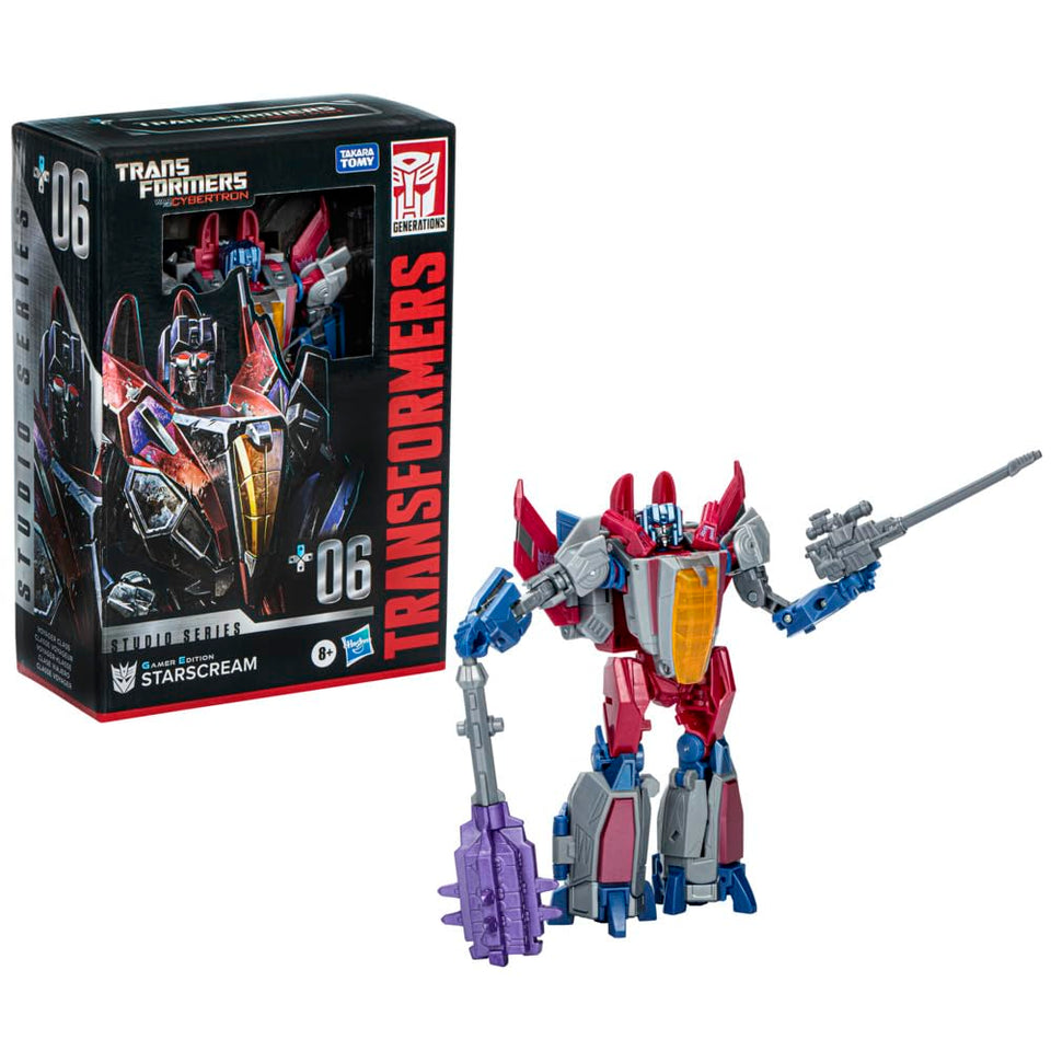 Transformers Starscream Gamer Edition in jet mode with game-inspired deco for display.