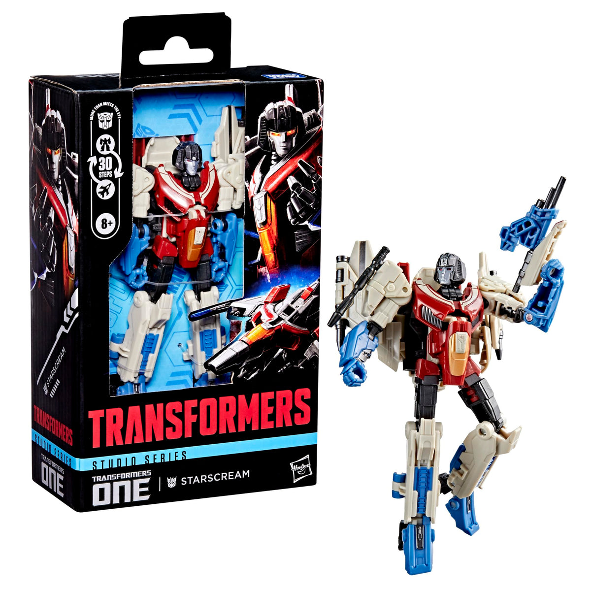 Transformers Studio Series Starscream includes two null ray blasters for display.
