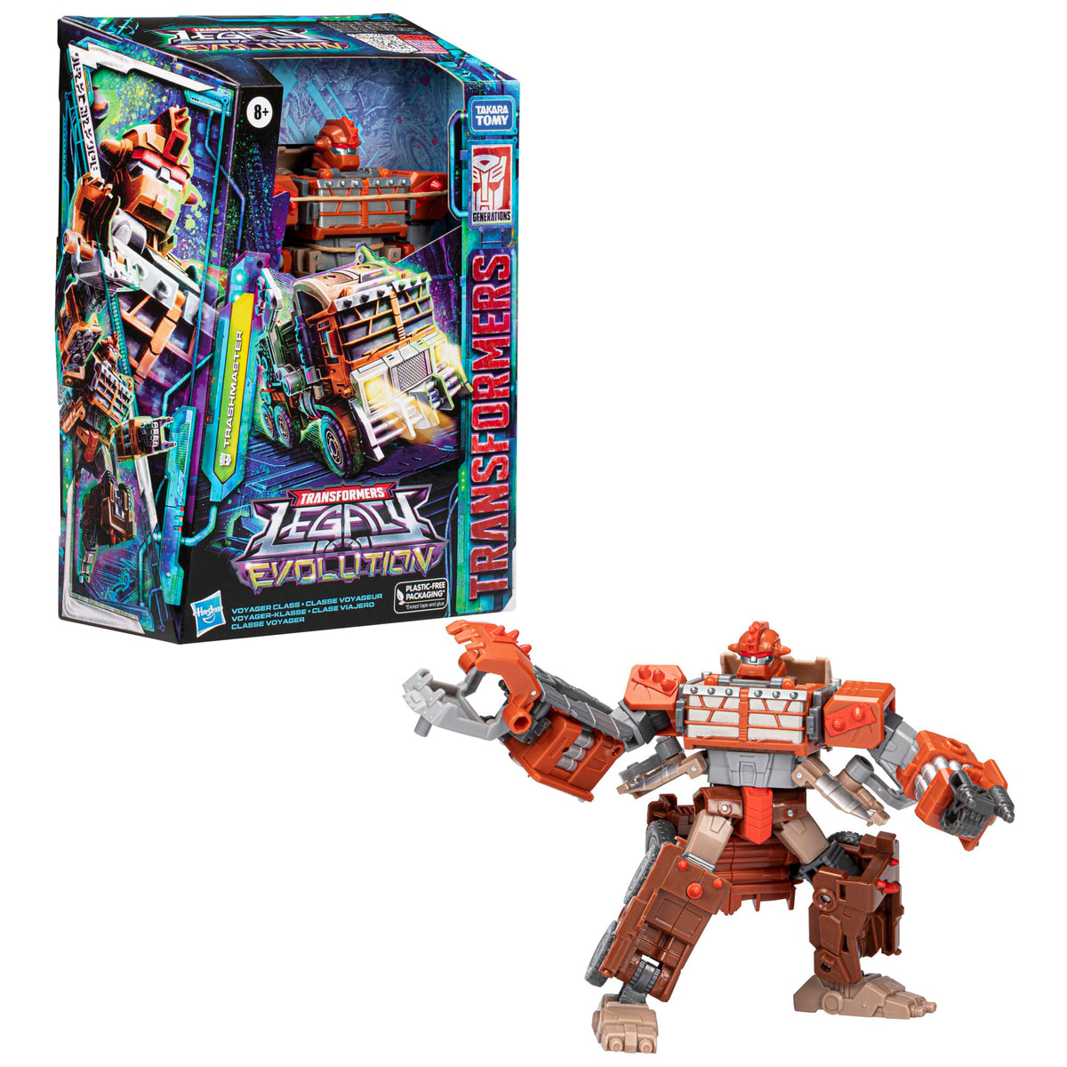 Transformers Trashmaster packaging highlights Evo-Fusion compatibility for armor fusion.