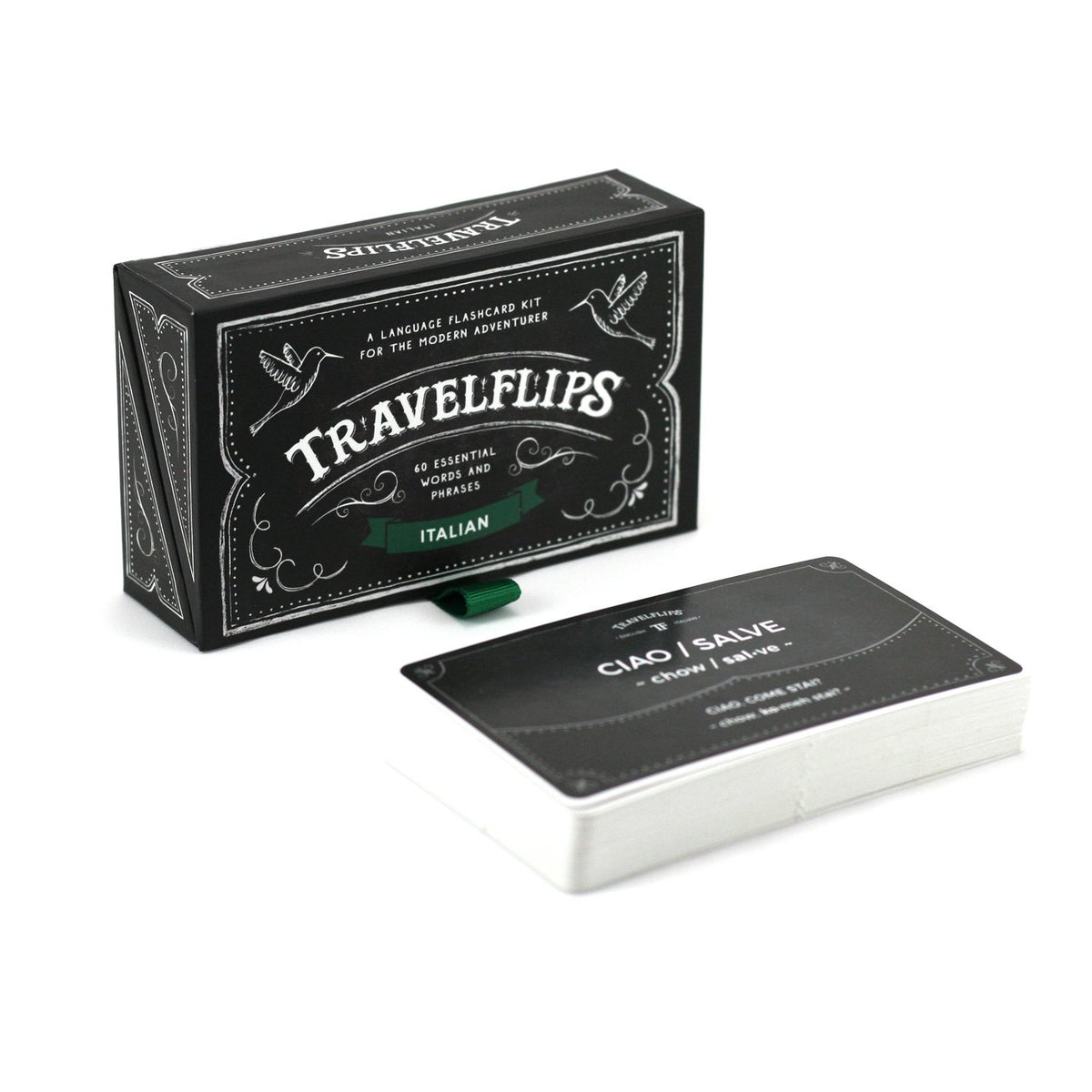 Travelflips Italian Flashcards cover image with portable box for quick on-the-go learning.