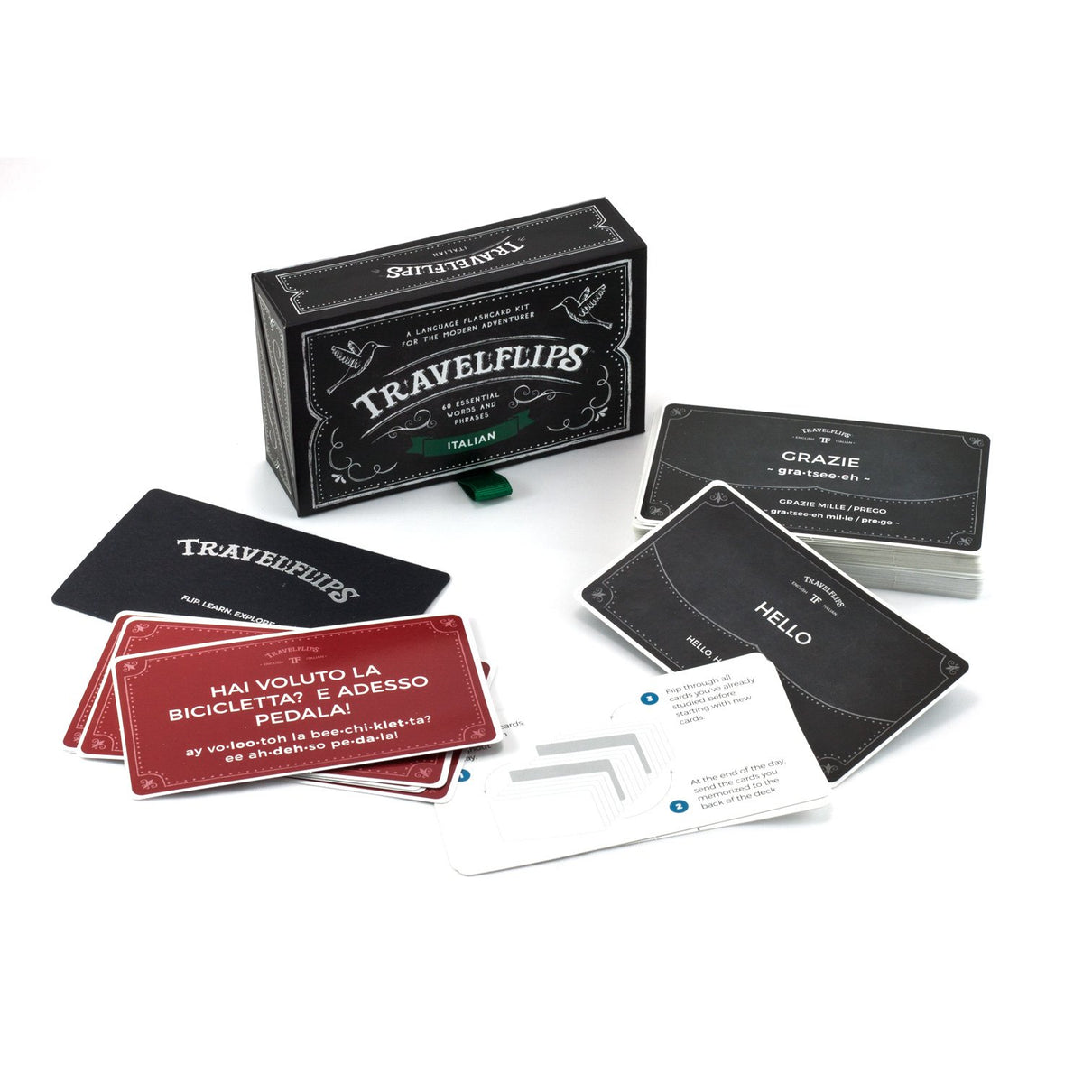 Travelflips Italian Flashcards durable materials and a sturdy box for daily study.