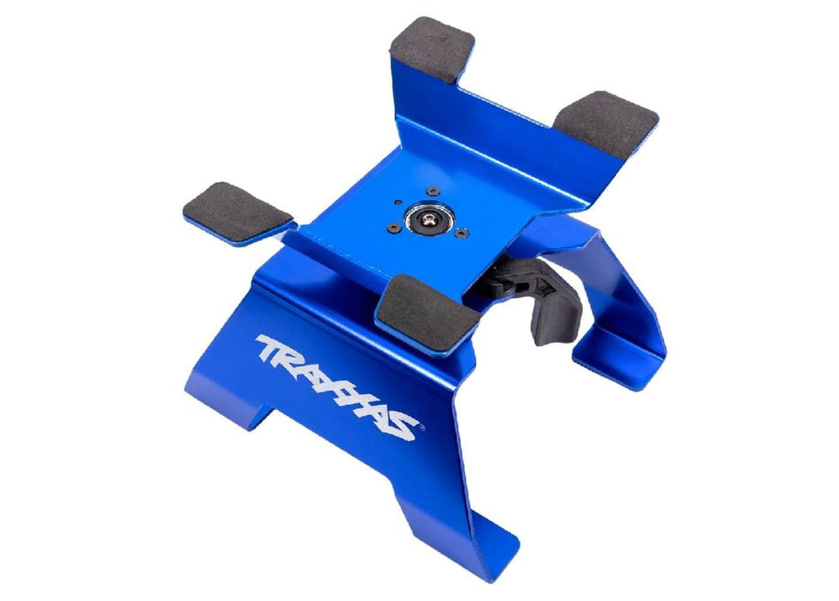 Traxxas 8796 blue RC stand shows 360 rotation for easy access