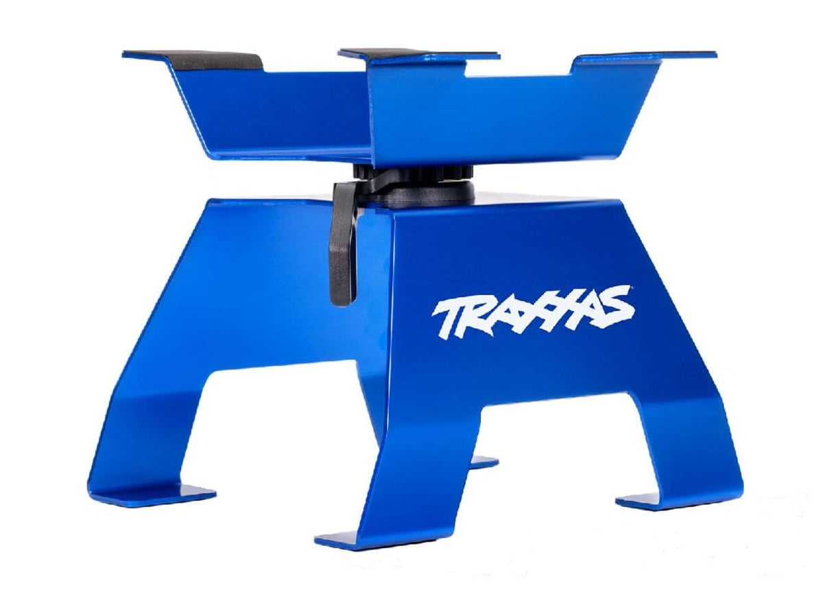 Traxxas 8797 blue X-Truck Stand top view supports X-Maxx during maintenance.