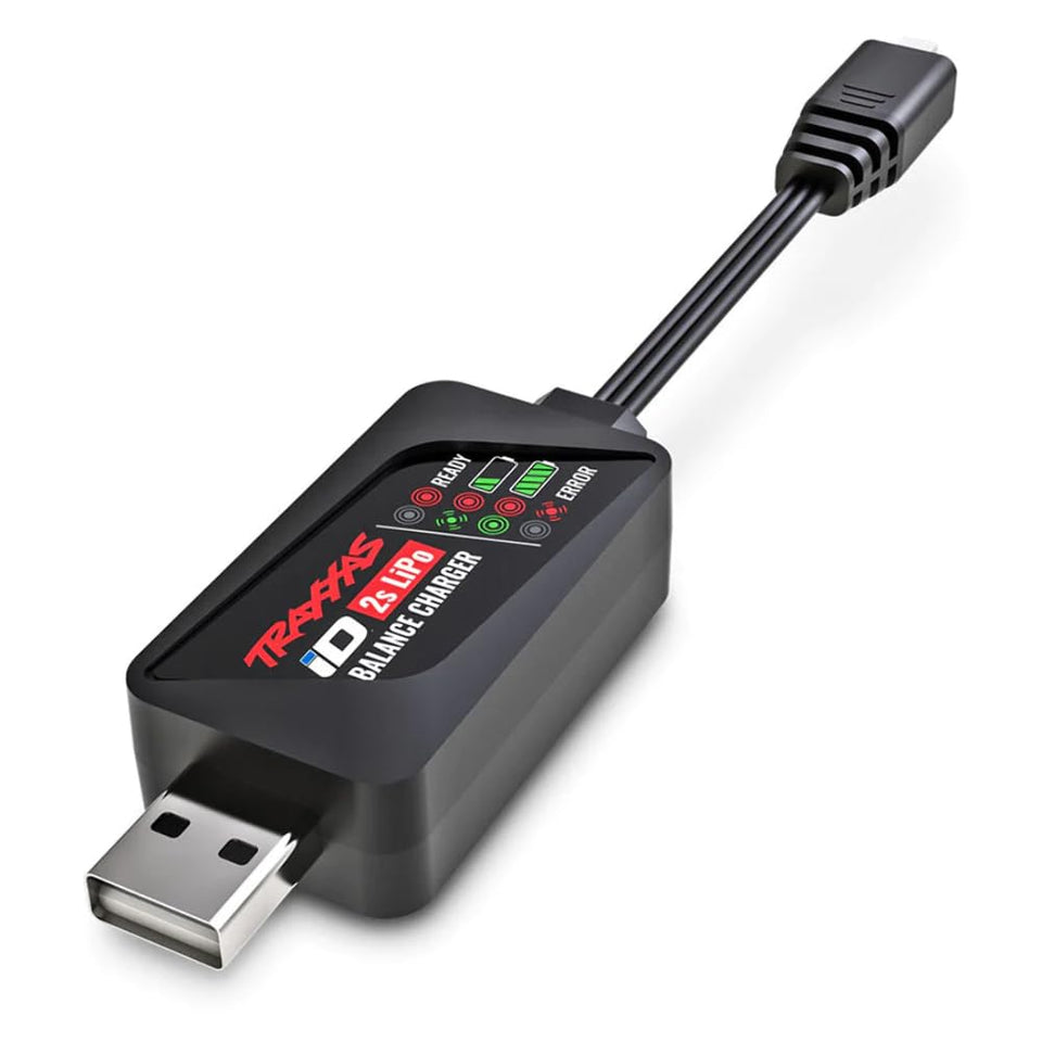 Traxxas 9767 2-amp USB-A charger connector powering Power Cell 2s LiPo quickly