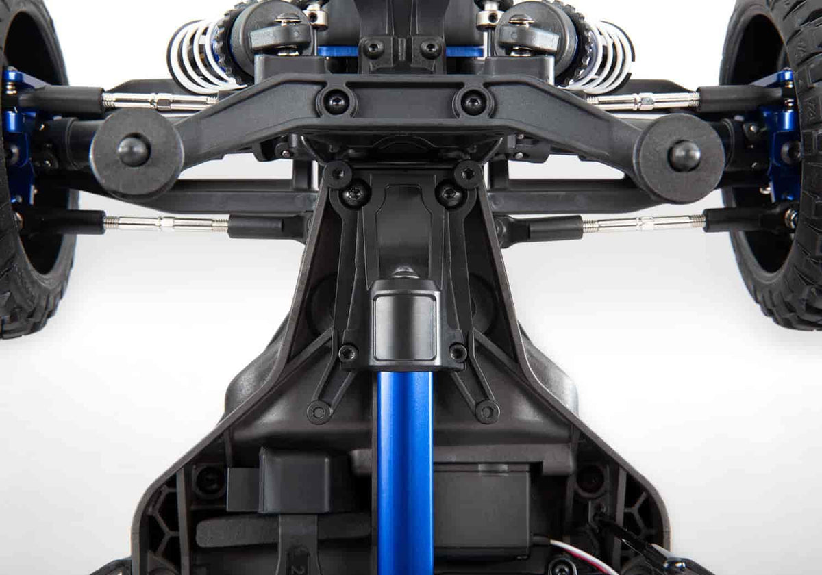Traxxas blue chassis brace installed on Rustler 4X4 demonstrates added protection