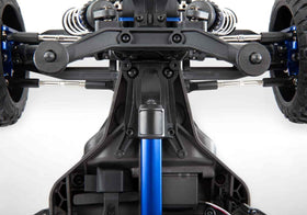 Traxxas blue chassis brace installed on Rustler 4X4 demonstrates added protection