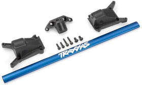 Traxxas blue chassis brace kit on Rustler 4X4 improves durability during high-speed runs