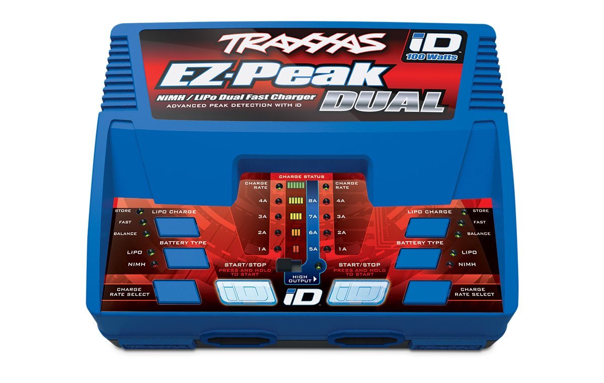 Traxxas EZ-Peak Dual 100W charger front view enables fast on-the-go battery charging