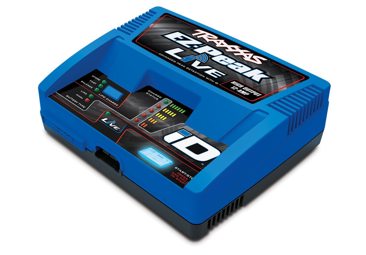 Traxxas EZ-Peak Live charger front view showing 100W power for LiPo charging.