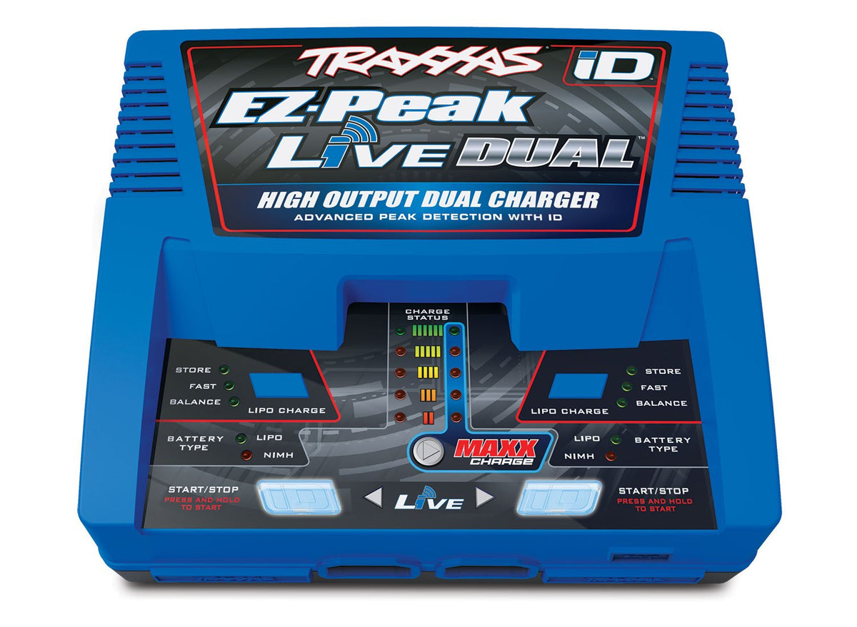Traxxas EZ-Peak Live Dual 200W charger with iD compatibility for fast NiMH and LiPo charging on RC batteries.