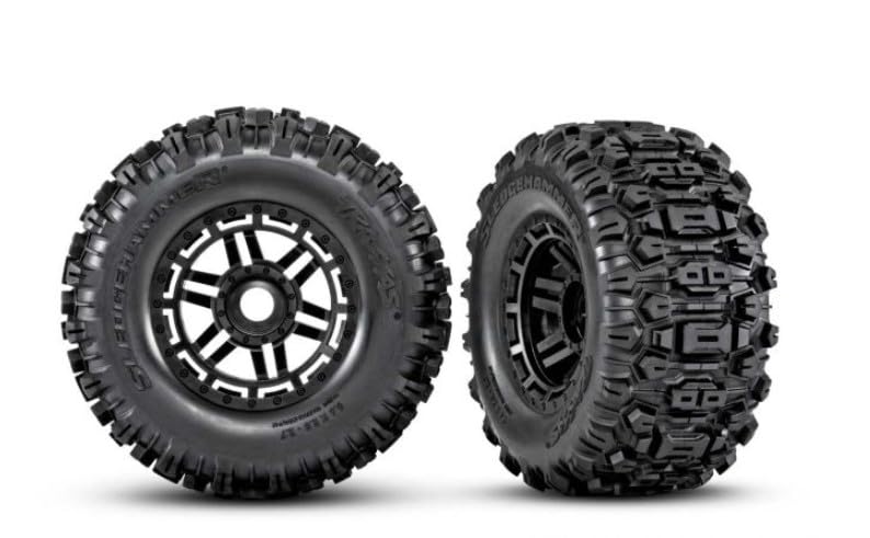 Traxxas Sledgehammer belted Maxx tire on black wheel delivering high stability and grip