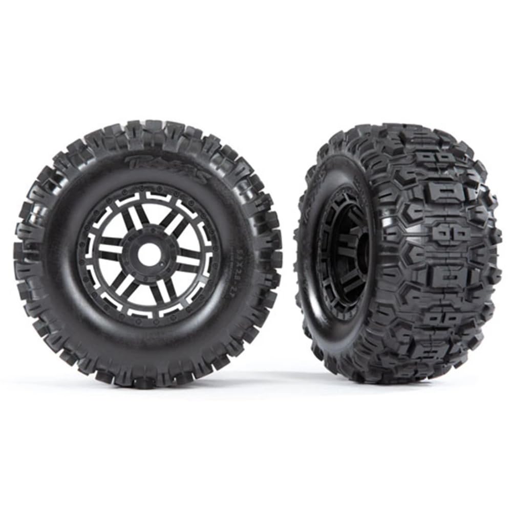 Traxxas Sledgehammer tires on black 2.8-inch wheels boost off-road traction.