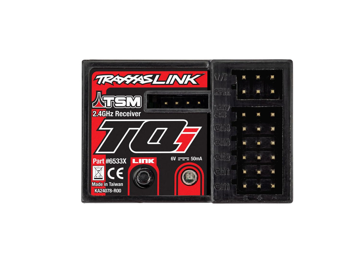 Traxxas TQI receiver with 5 channels and telemetry for real-time data.