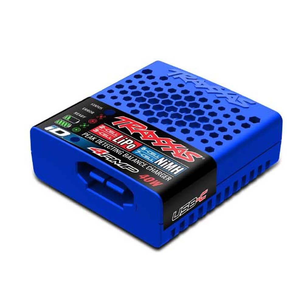 Traxxas USB-C battery charger front view enabling iD auto identification and safe charging.