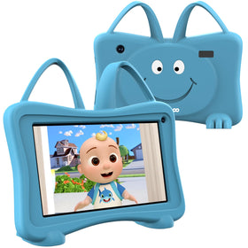 Trayoo 7-inch kids tablet blue front view for on-the-go learning.