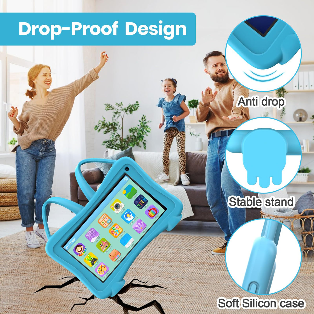 Trayoo 7-inch blue tablet in use with child for interactive learning.