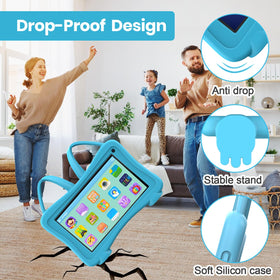 Trayoo 7-inch blue tablet in use with child for interactive learning.