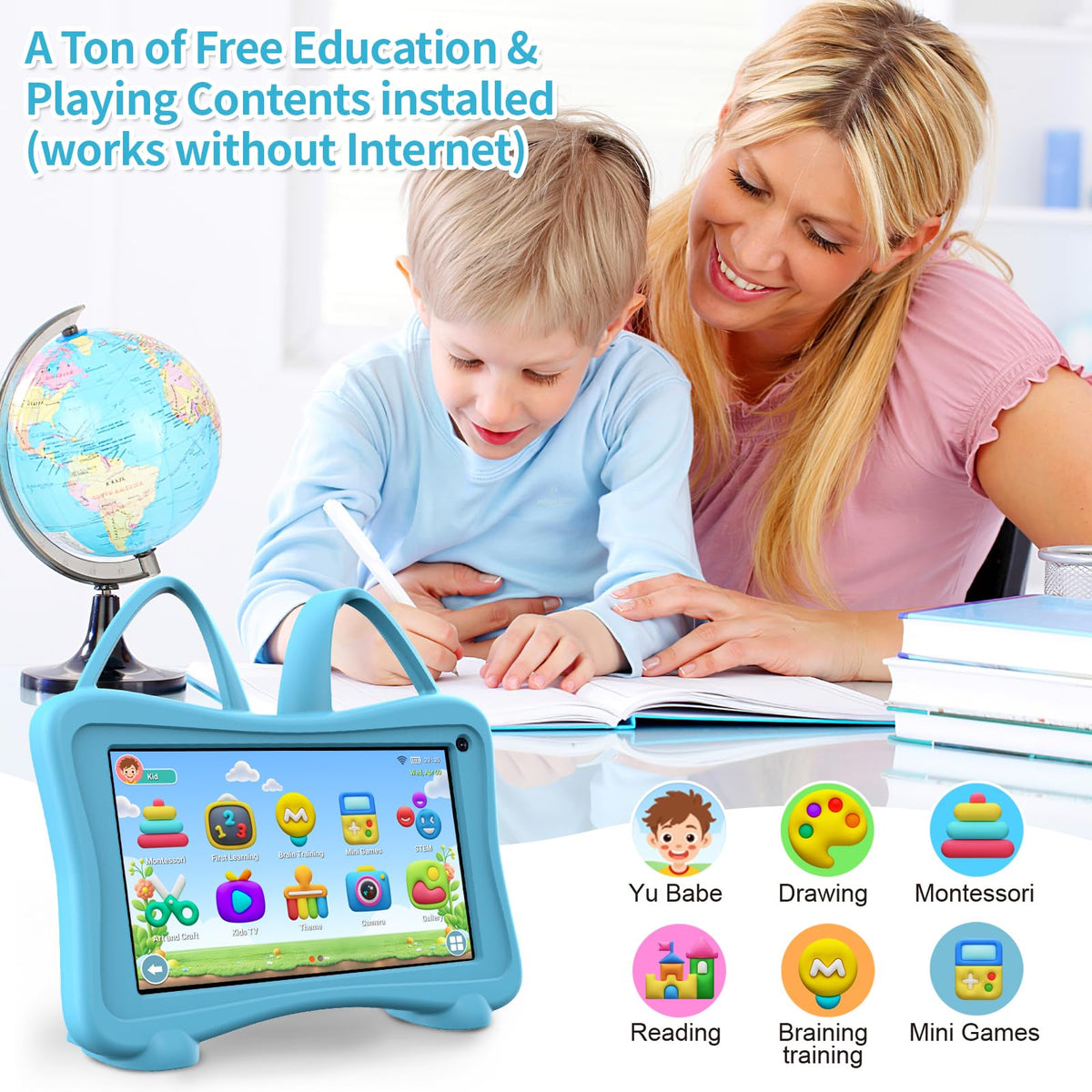 Trayoo 7 blue parental control menu showing kid-safe browsing options.