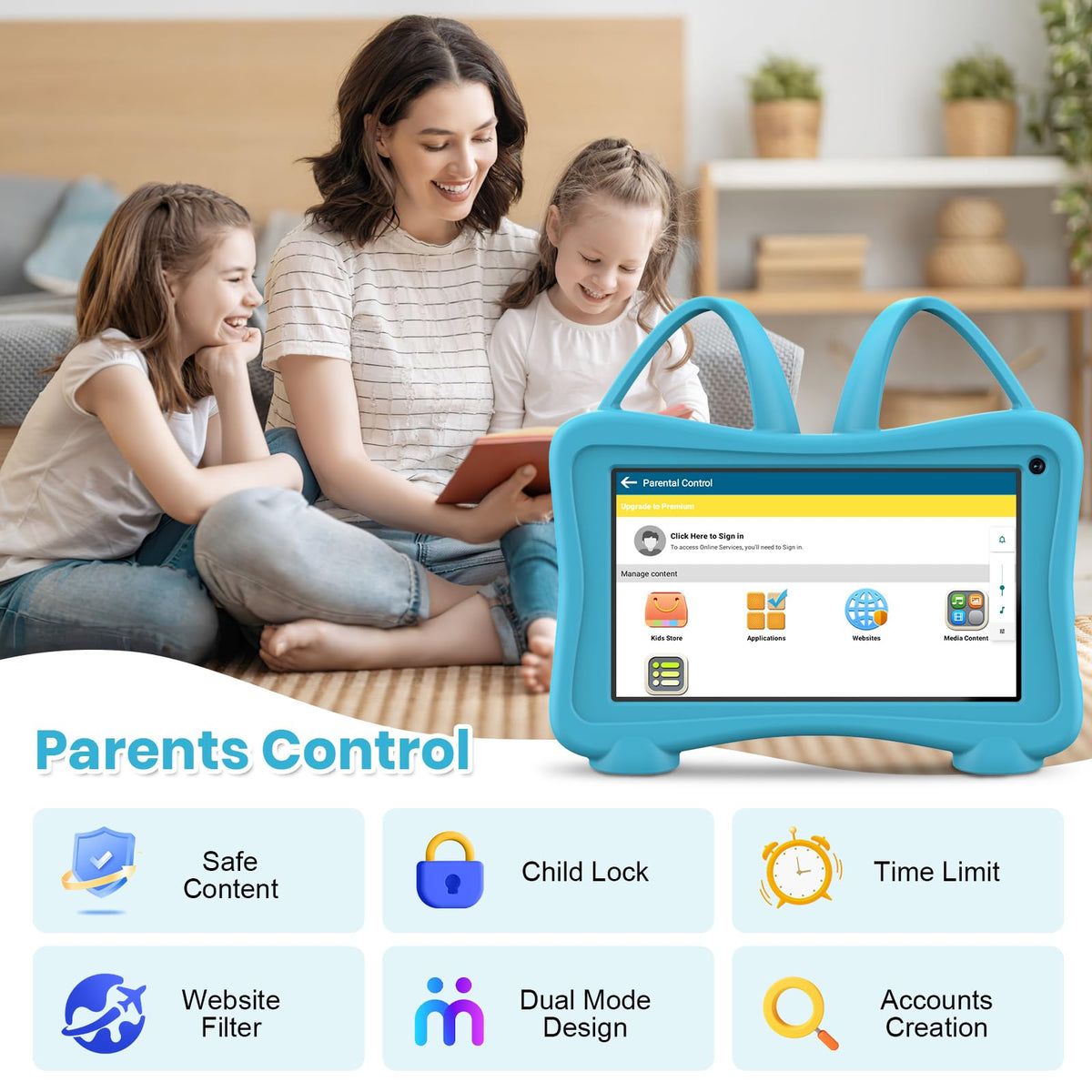 Trayoo kids tablet blue screen with educational apps for early learning.