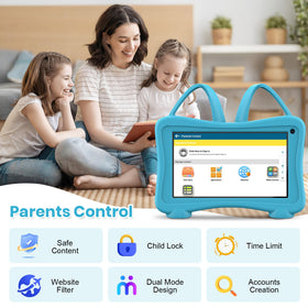Trayoo kids tablet blue screen with educational apps for early learning.