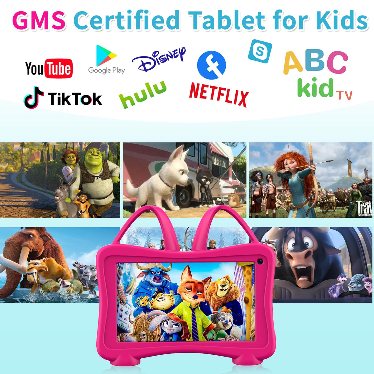 Trayoo 7-inch Rose kids tablet rear view showing durability and camera layout