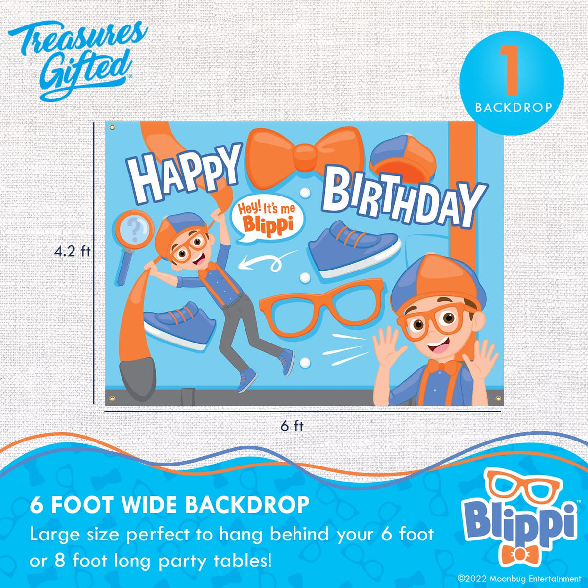 Treasures Gifted Blippi backdrop happy birthday sign creates festive photo moments