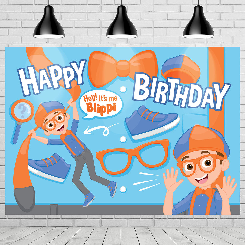Treasures Gifted Blippi backdrop wide shot highlights vibrant blue and orange for party photos