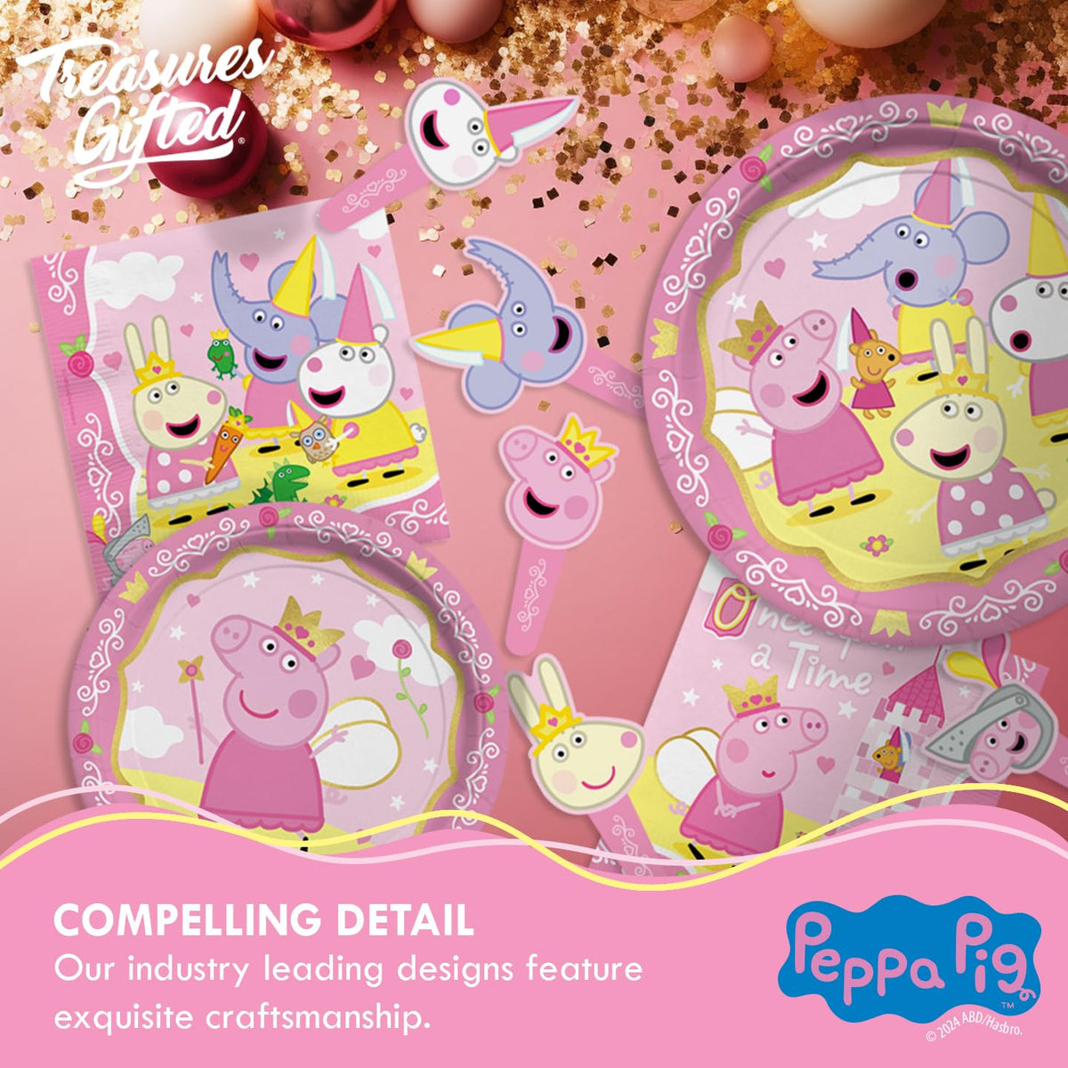 Treasures Gifted Peppa tableware arrangement with plates, cups, and napkins
