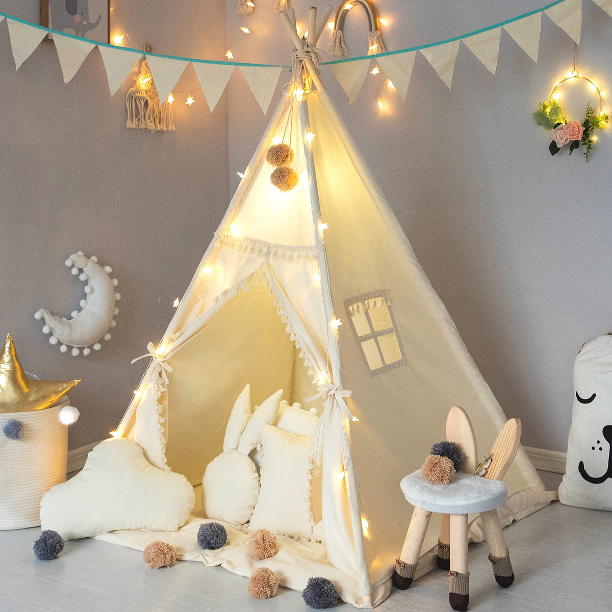 TreeBud Kids Teepee Tent exterior in beige canvas, inviting imagination and playtime.