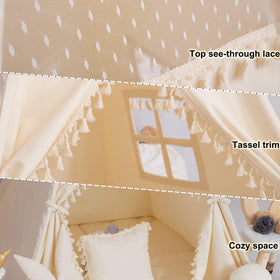 TreeBud padded mat inside teepee for comfortable story time and naps.