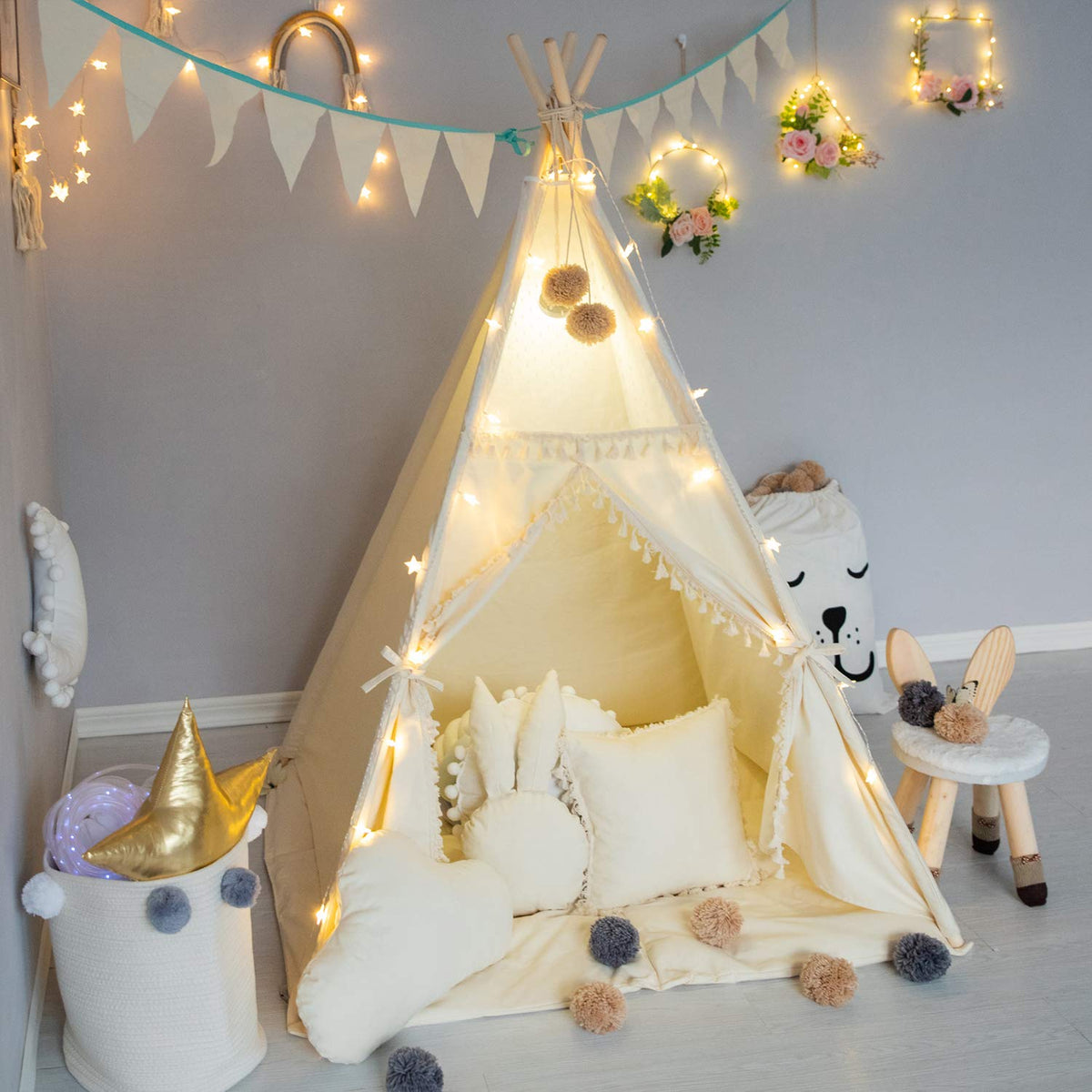 TreeBud window with tassels for ventilation and supervision of play.
