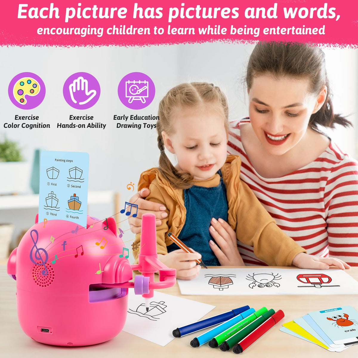 TREEFIA drawing robot with 100 cards for varied topics and practice.
