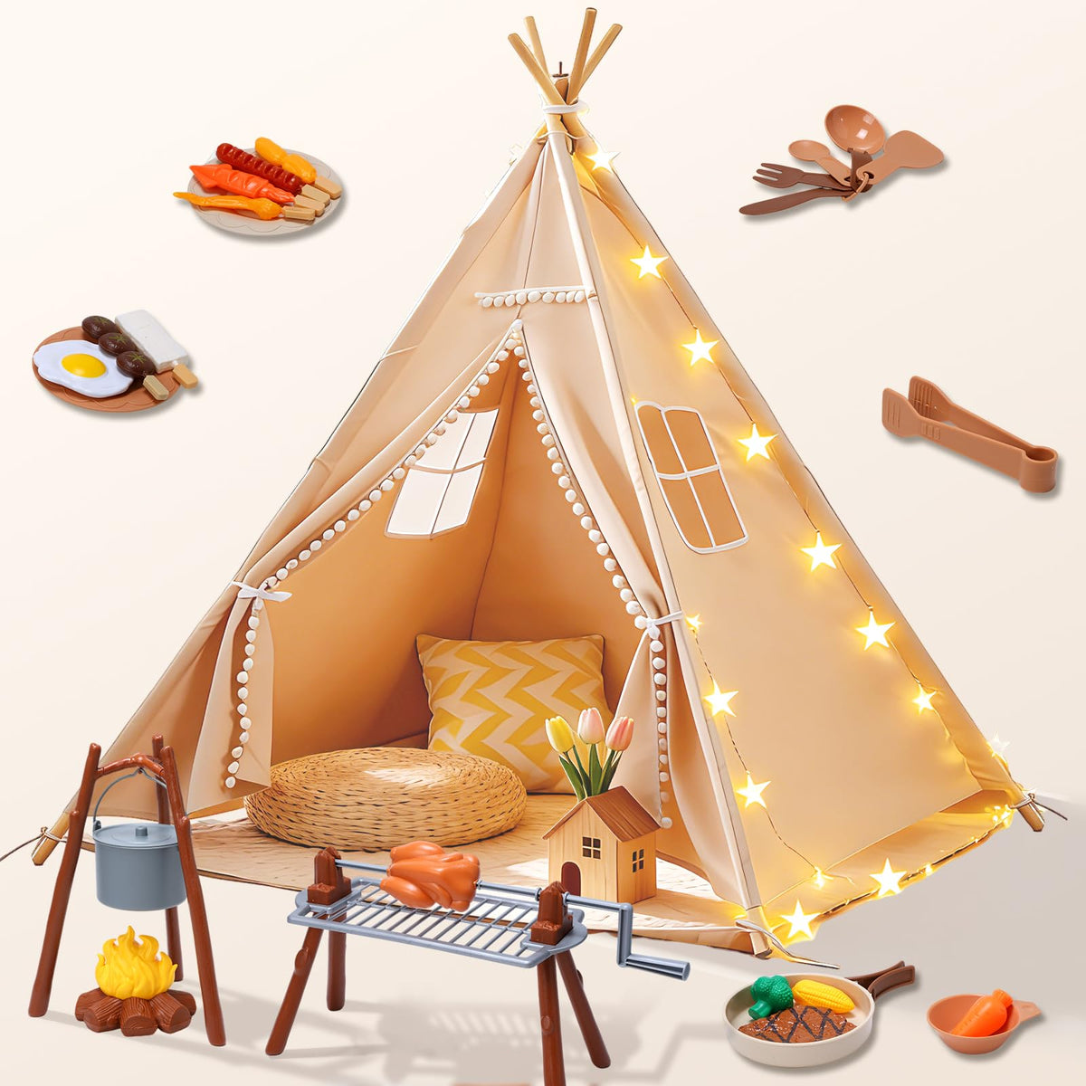 TreeStone Teepee Tent kids play area, ideal for indoor and outdoor imaginative camping sessions.