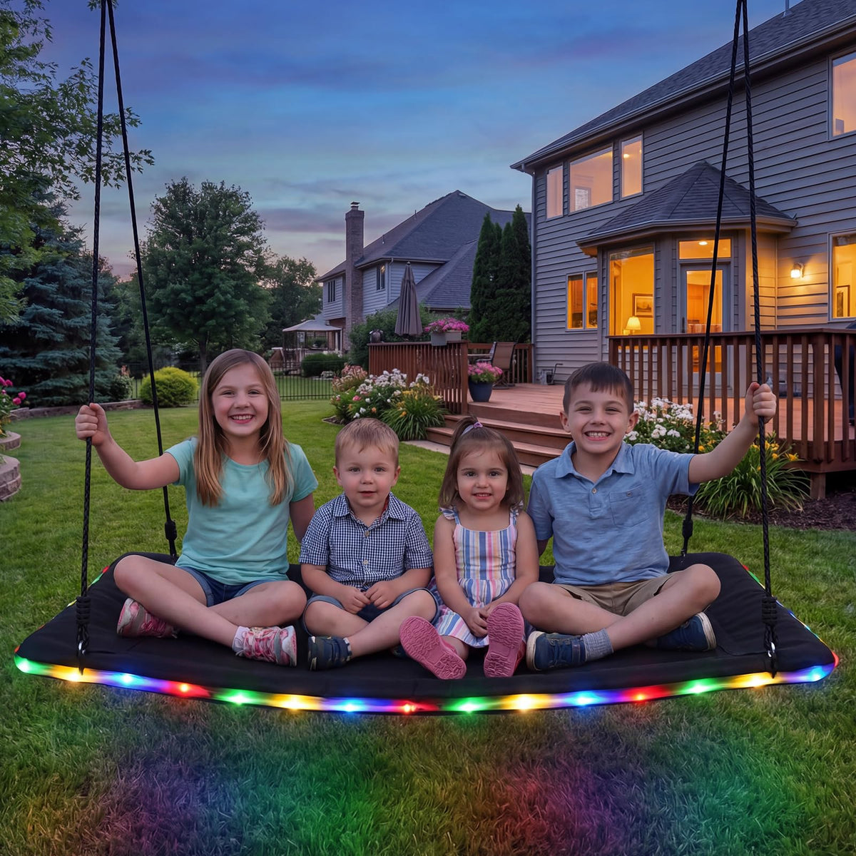 Trekassy 60-inch platform tree swing with LED lights offers family-friendly evening fun.