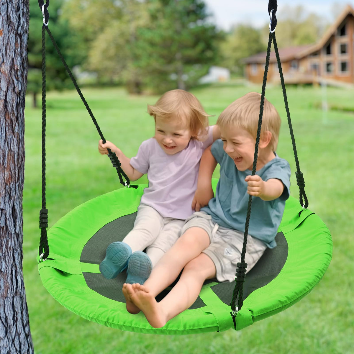 Trekassy backyard swing scene showing family enjoying fresh air