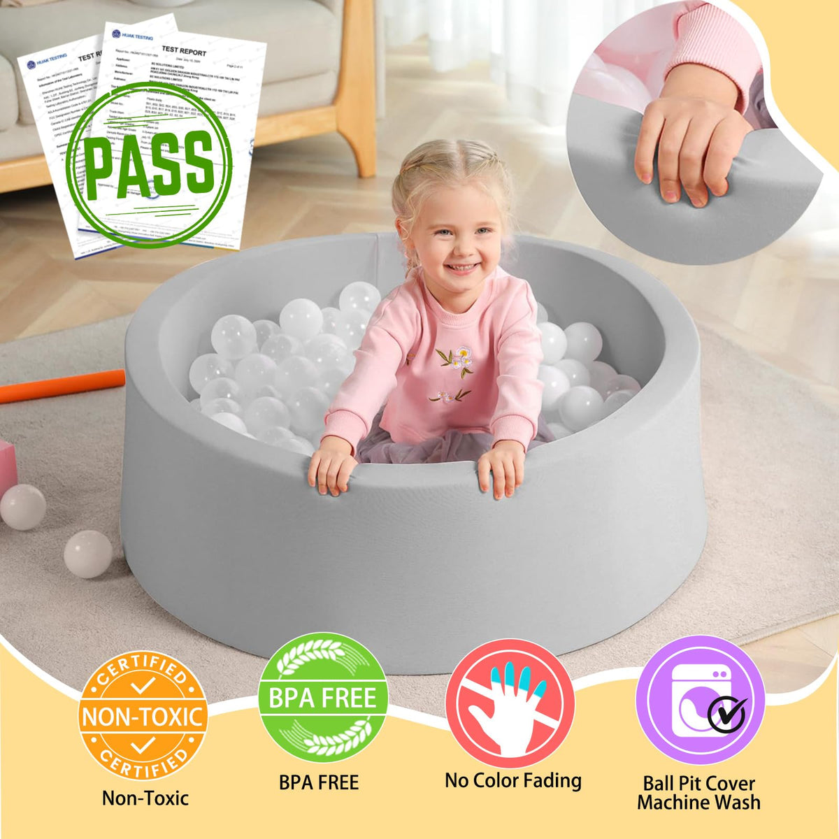 Trendbox ball pit wall height detail shows cushioned sides for gentle protection.