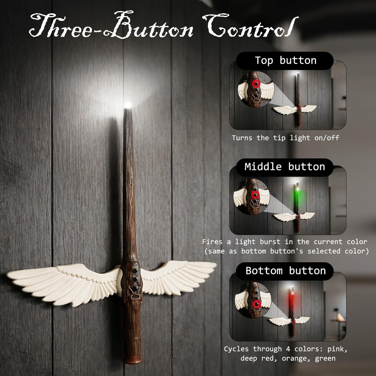 Tries Wizard Wand red light effect enhances spellcasting ambiance.