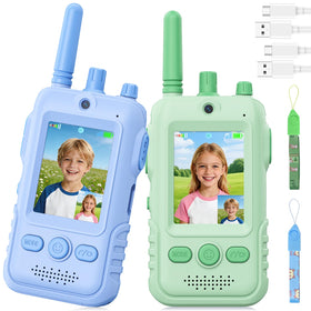 Trigowalt kids walkie talkies in green and blue front view for outdoor play