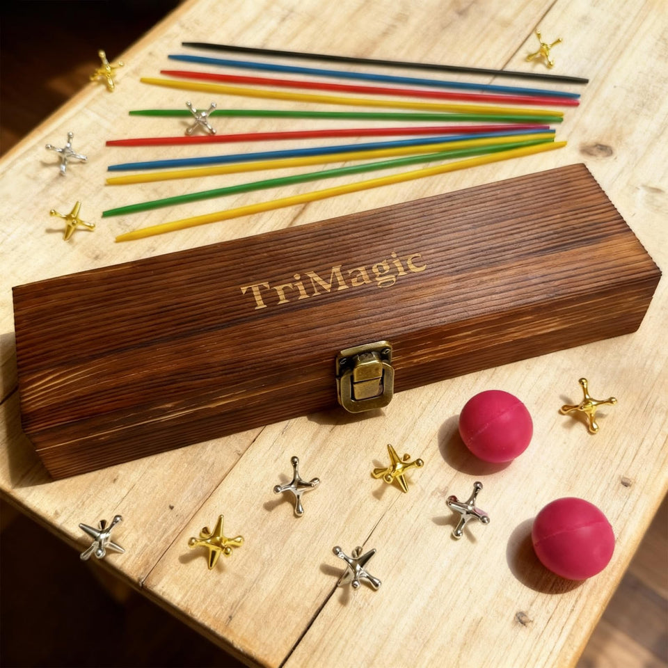 TriMagic metal jacks and balls set for fast toss play with family