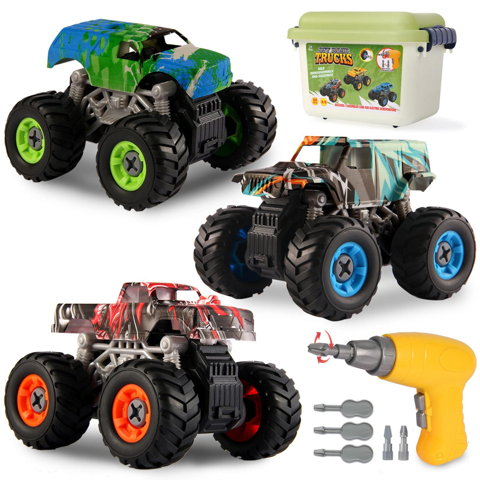 Trovogil Take Apart Monster Trucks Pack for hands-on STEM play with three colorful vehicles.