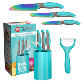TruChef aqua kids knife set with all pieces in holder, ready for practice.