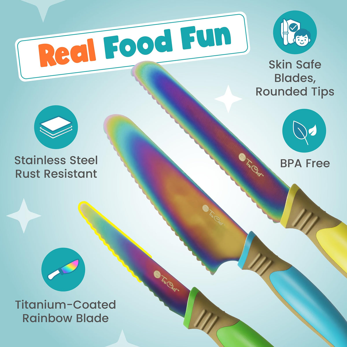 TruChef knife set closeup highlighting skin-safe coating and kid sizing.