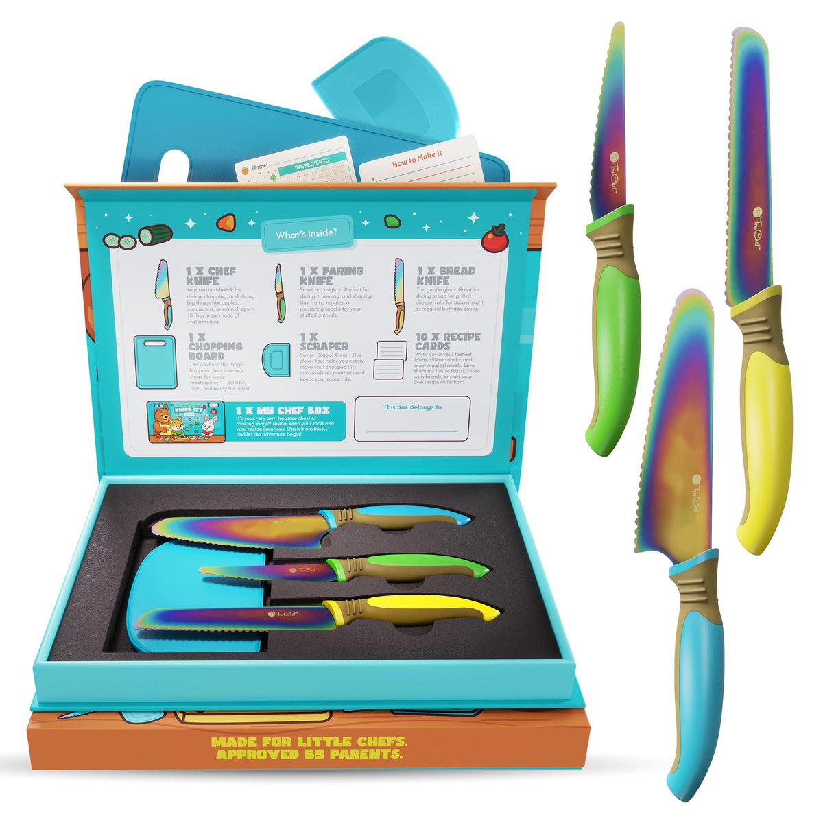 TruChef rainbow blades knife set for safe, colorful kid-friendly cooking.