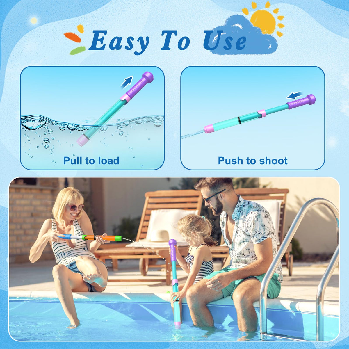 Close-up of Trulloyoo water guns showing color variety for group play.