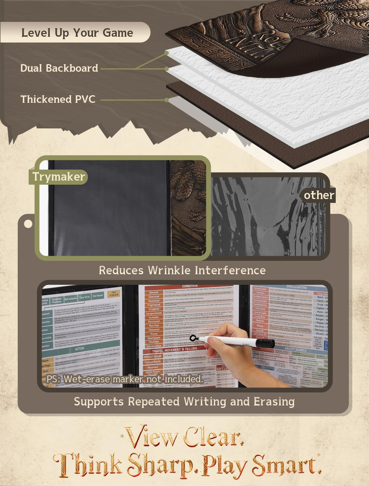 Trymaker Dm Screen 5e faux leather embossing adds immersive, premium feel to the table.