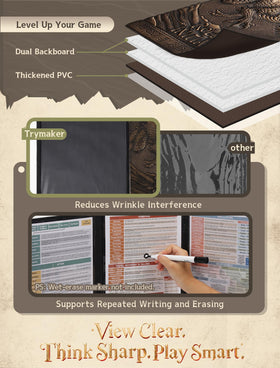 Trymaker Dm Screen 5e faux leather embossing adds immersive, premium feel to the table.