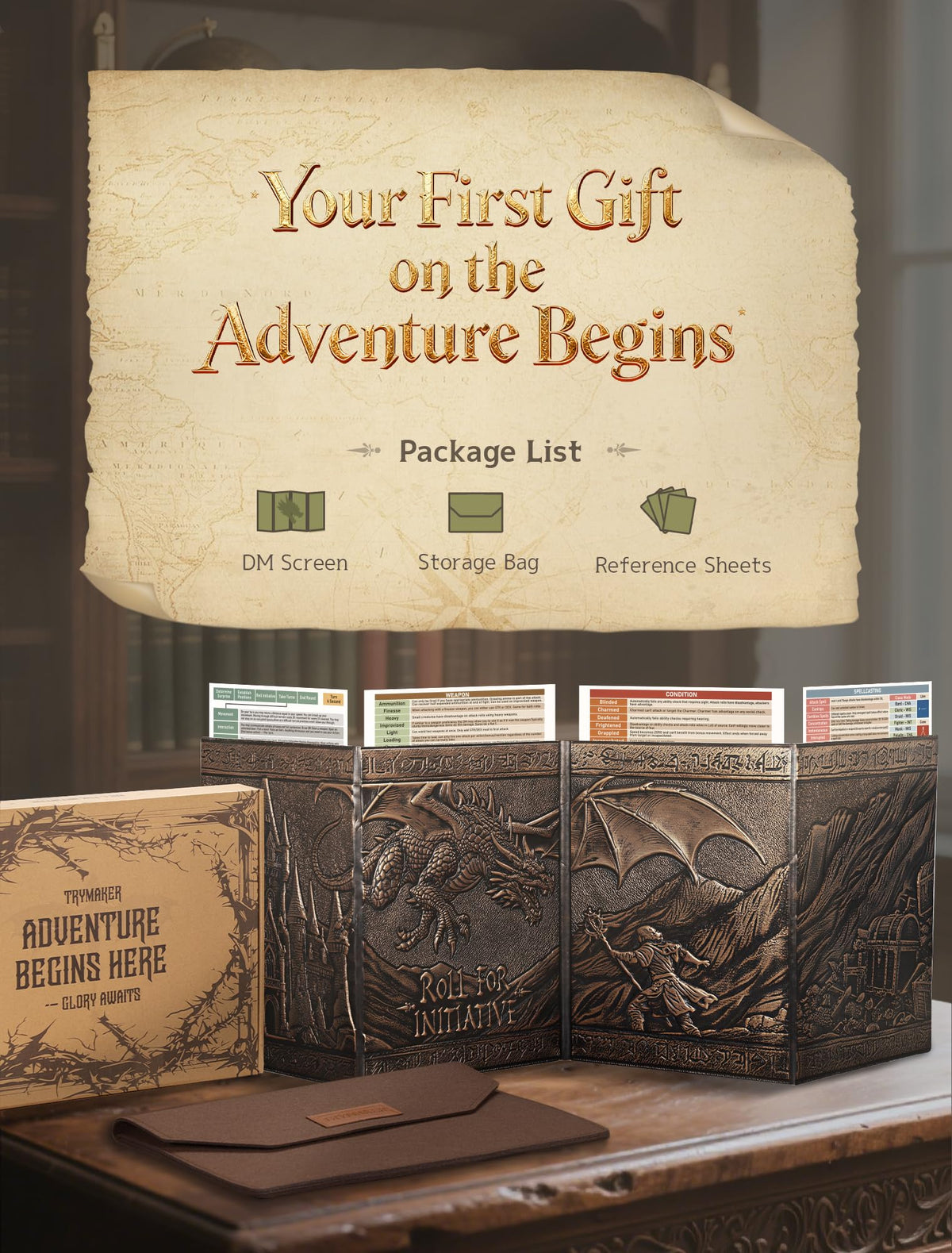 Trymaker Dm Screen 5e gift box included makes gifting simple for gamers.