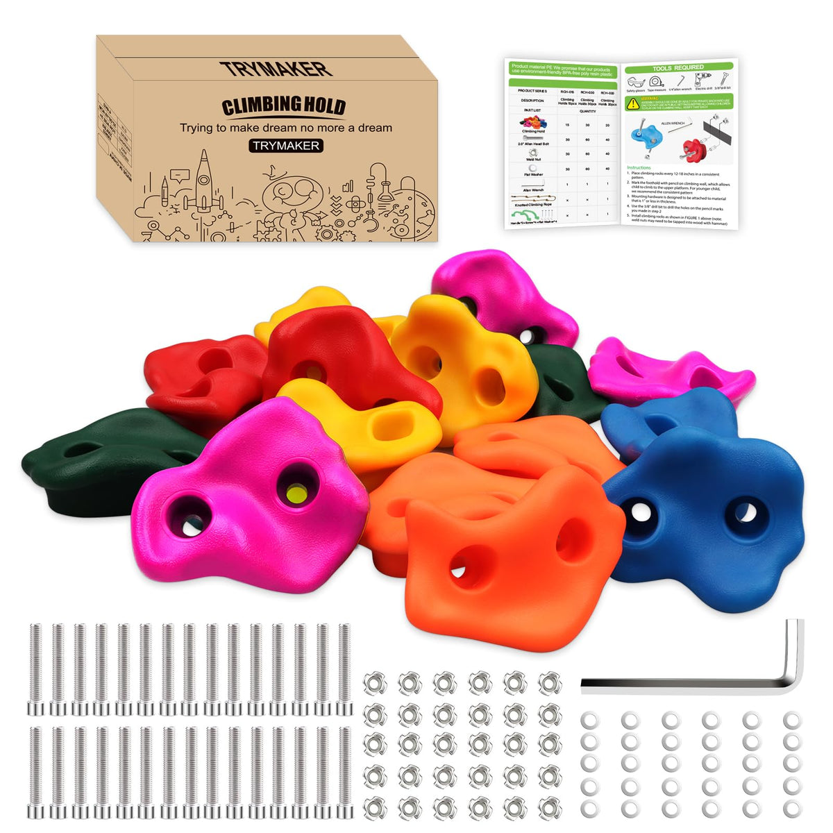Trymaker rock climbing holds 15pcs set for versatile indoor climbing.