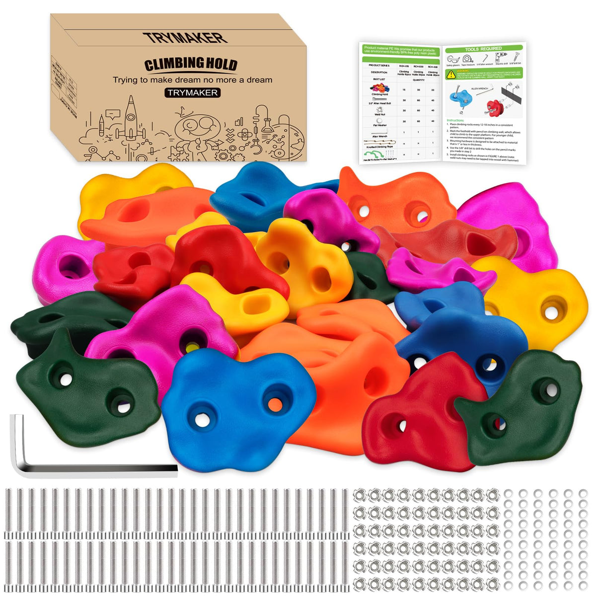 Trymaker rock holds assembly for quick secure wall mounting